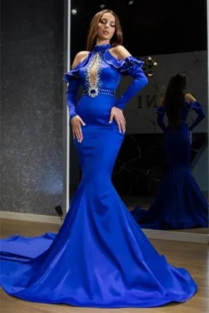 Charming Halter Royal Blue Satin Mermaid Prom Dress Evening Party Dress