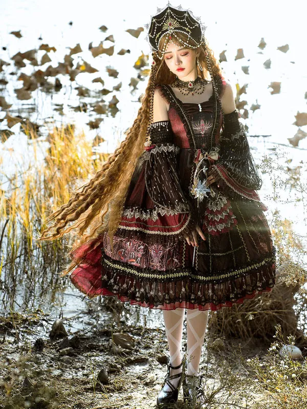 Classic Lolita JSK Dress Burgundy Sleeveless Bows Beaded Lolita Jumper Skirts