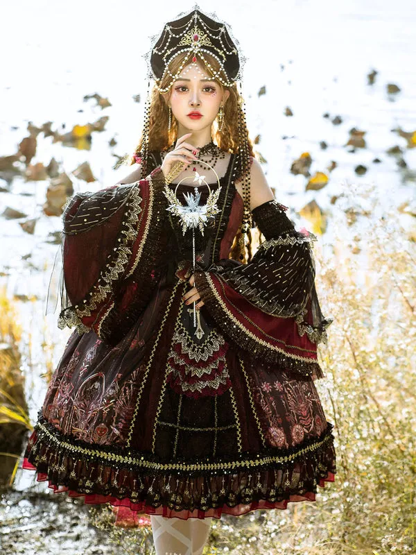 Classic Lolita JSK Dress Burgundy Sleeveless Bows Beaded Lolita Jumper Skirts