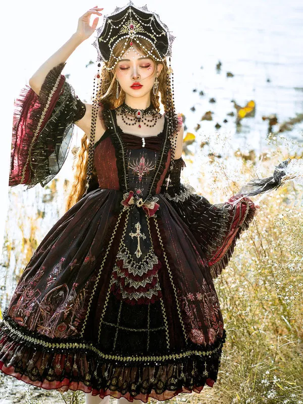 Classic Lolita JSK Dress Burgundy Sleeveless Bows Beaded Lolita Jumper Skirts