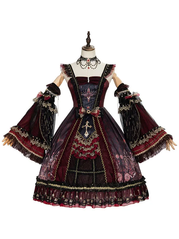 Classic Lolita JSK Dress Burgundy Sleeveless Bows Beaded Lolita Jumper Skirts