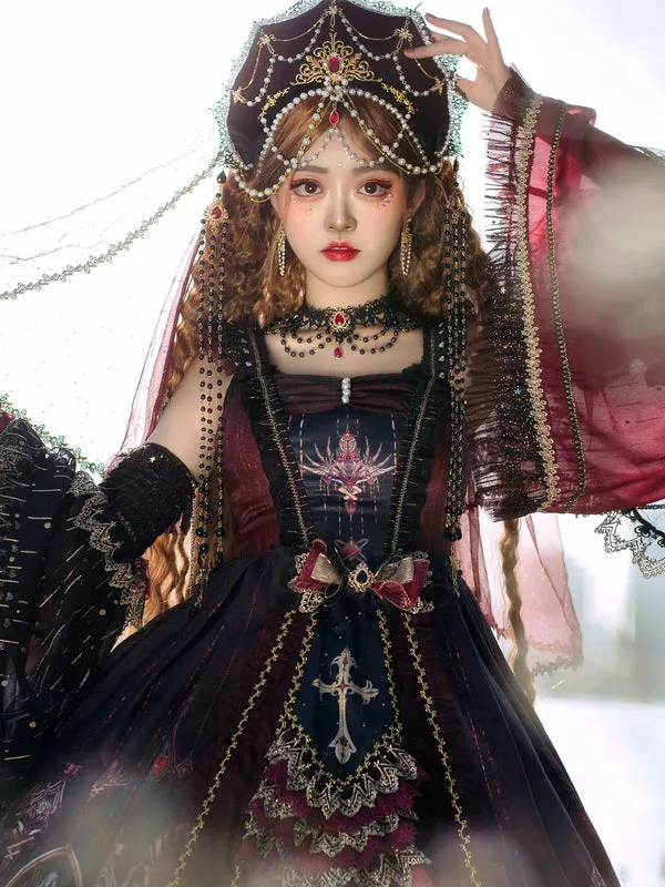 Classic Lolita JSK Dress Burgundy Sleeveless Bows Beaded Lolita Jumper Skirts
