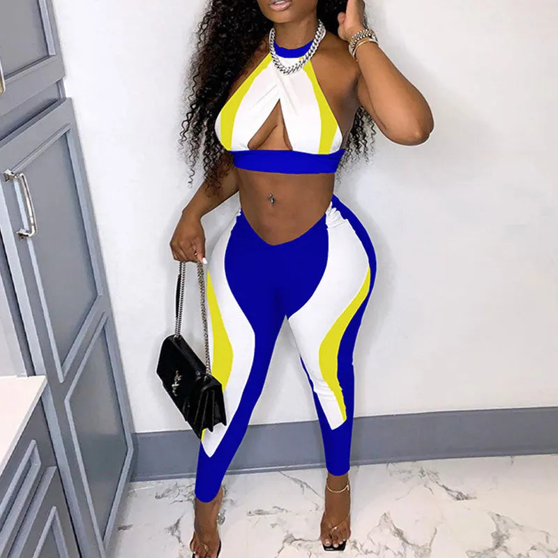 Colorblock Sleeveless Tube Top & Skinny Pants Set