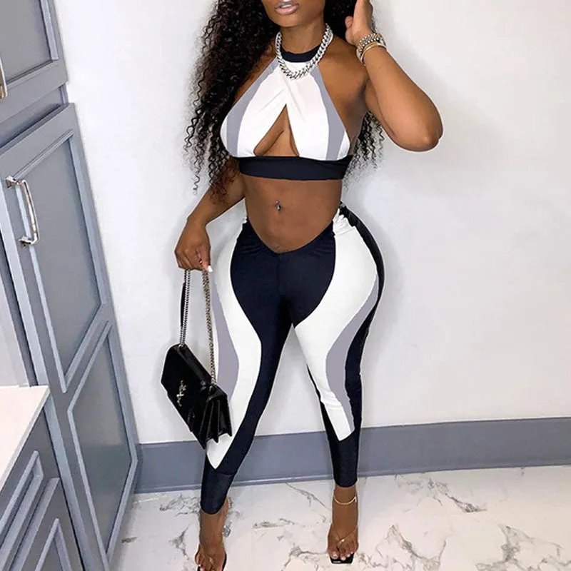 Colorblock Sleeveless Tube Top & Skinny Pants Set