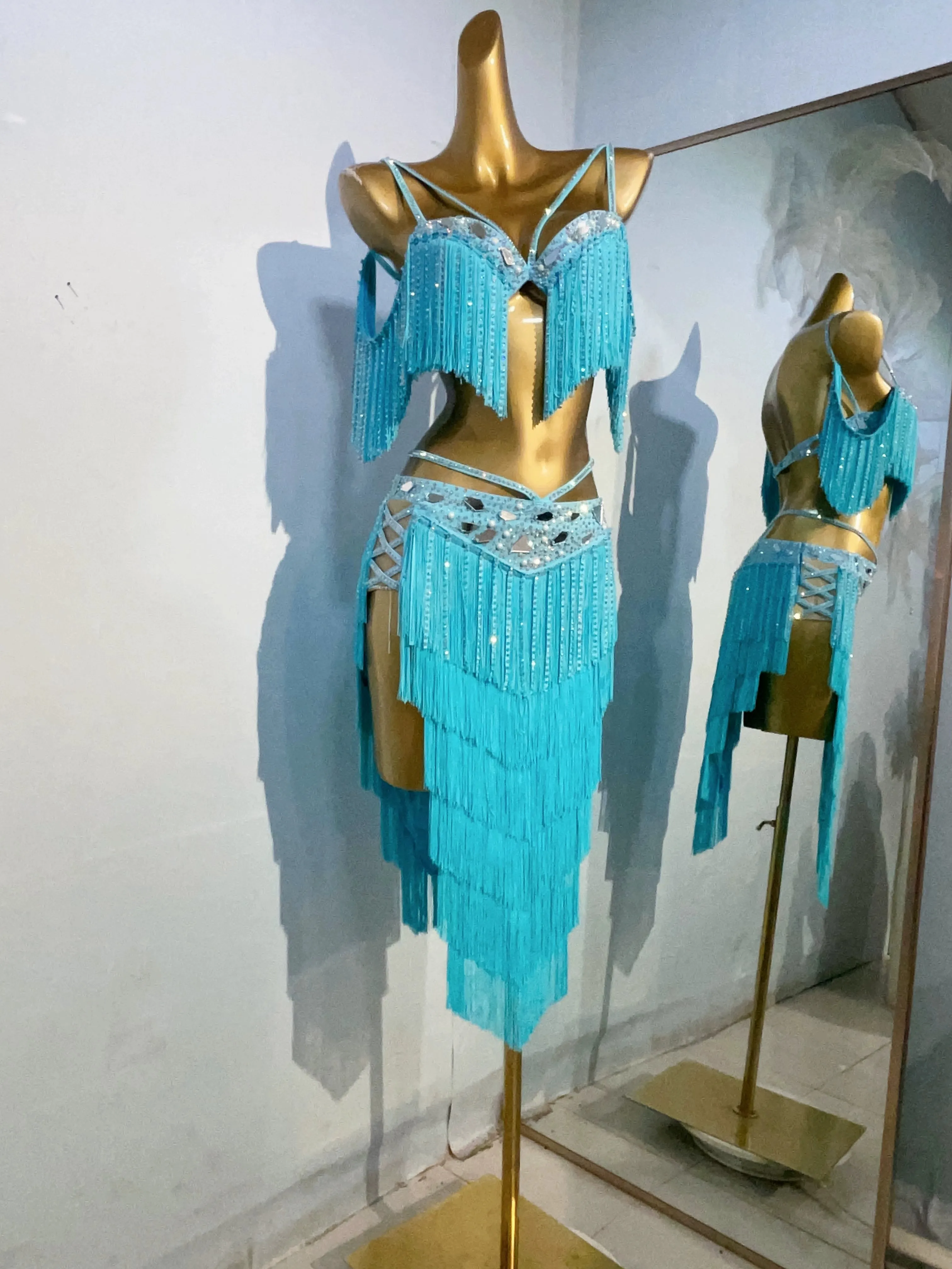 Custom Size Competition Blue Coffee Latin Dance Dresses Fringe Belly Dance Clothing for Women Girls