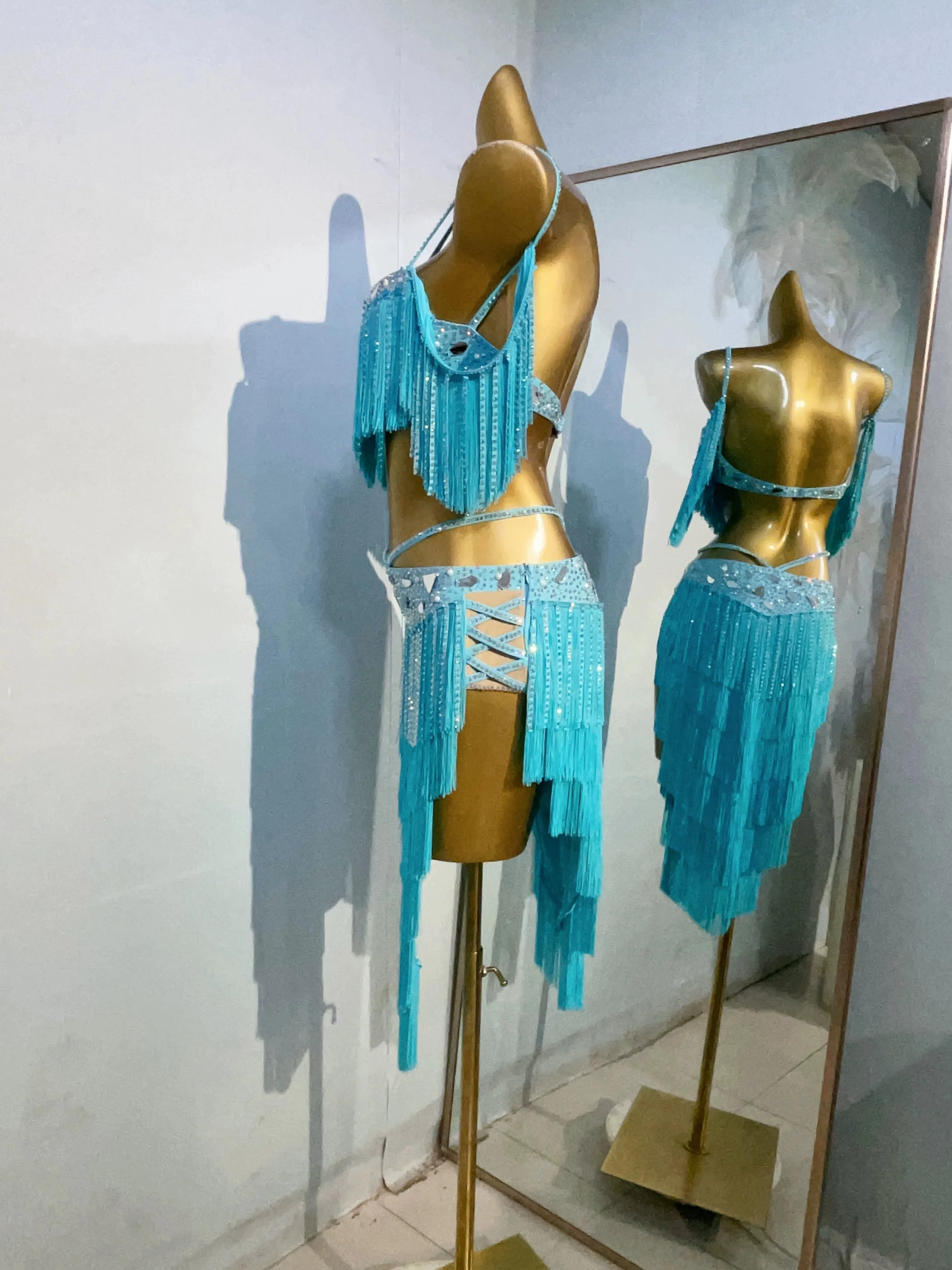 Custom Size Competition Blue Coffee Latin Dance Dresses Fringe Belly Dance Clothing for Women Girls