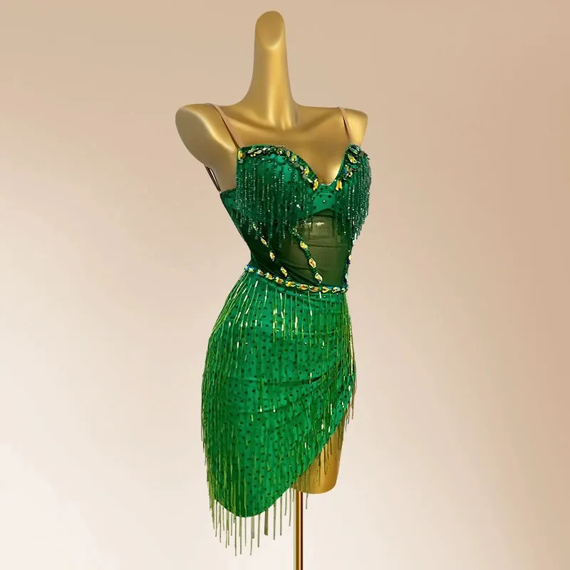 Custom Size Dark Green Latin Dance Dresses for Women Girls Bling Fringe Salsa Rumba Chacha Prom Performance Costumes