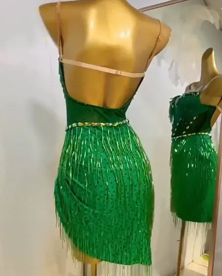 Custom Size Dark Green Latin Dance Dresses for Women Girls Bling Fringe Salsa Rumba Chacha Prom Performance Costumes