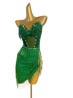 Custom Size Dark Green Latin Dance Dresses for Women Girls Bling Fringe Salsa Rumba Chacha Prom Performance Costumes