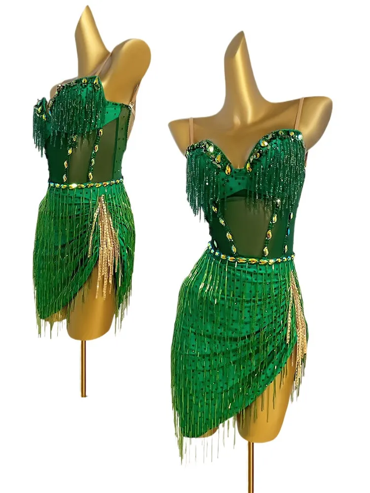 Custom Size Dark Green Latin Dance Dresses for Women Girls Bling Fringe Salsa Rumba Chacha Prom Performance Costumes