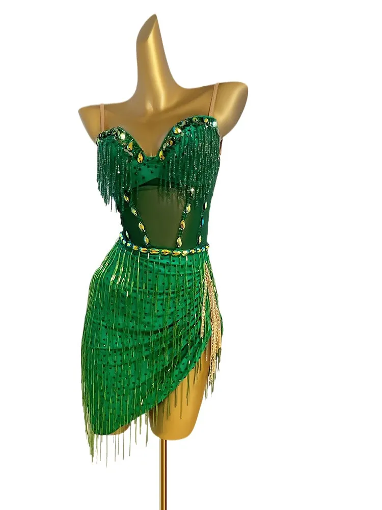 Custom Size Dark Green Latin Dance Dresses for Women Girls Bling Fringe Salsa Rumba Chacha Prom Performance Costumes