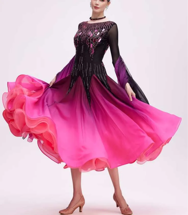 Custom Size Fuchsia Ballroom Dance Dresses for Women Waltz Tango Rhythm National Standard Dance Gown