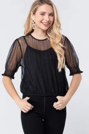 Elbow Slv Dot Mesh Top W/inner Cami