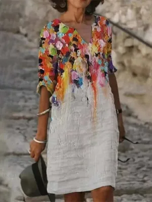 Ella - Cotton and linen dress with neckline and oil print