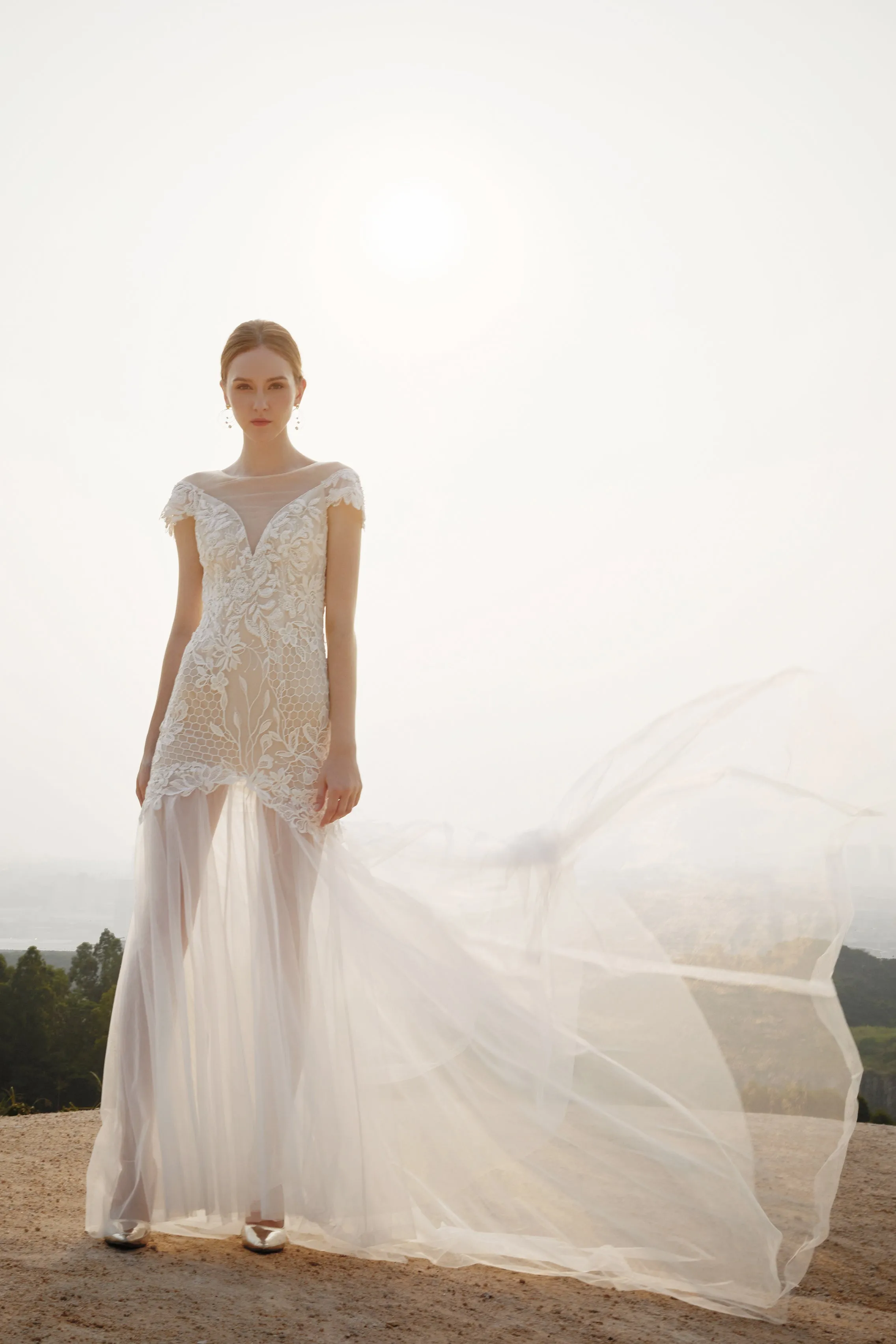 Estela - Selena Huan off-the-shoulder crystal and pearl beaded Israel lace illusive back light mermaid gown