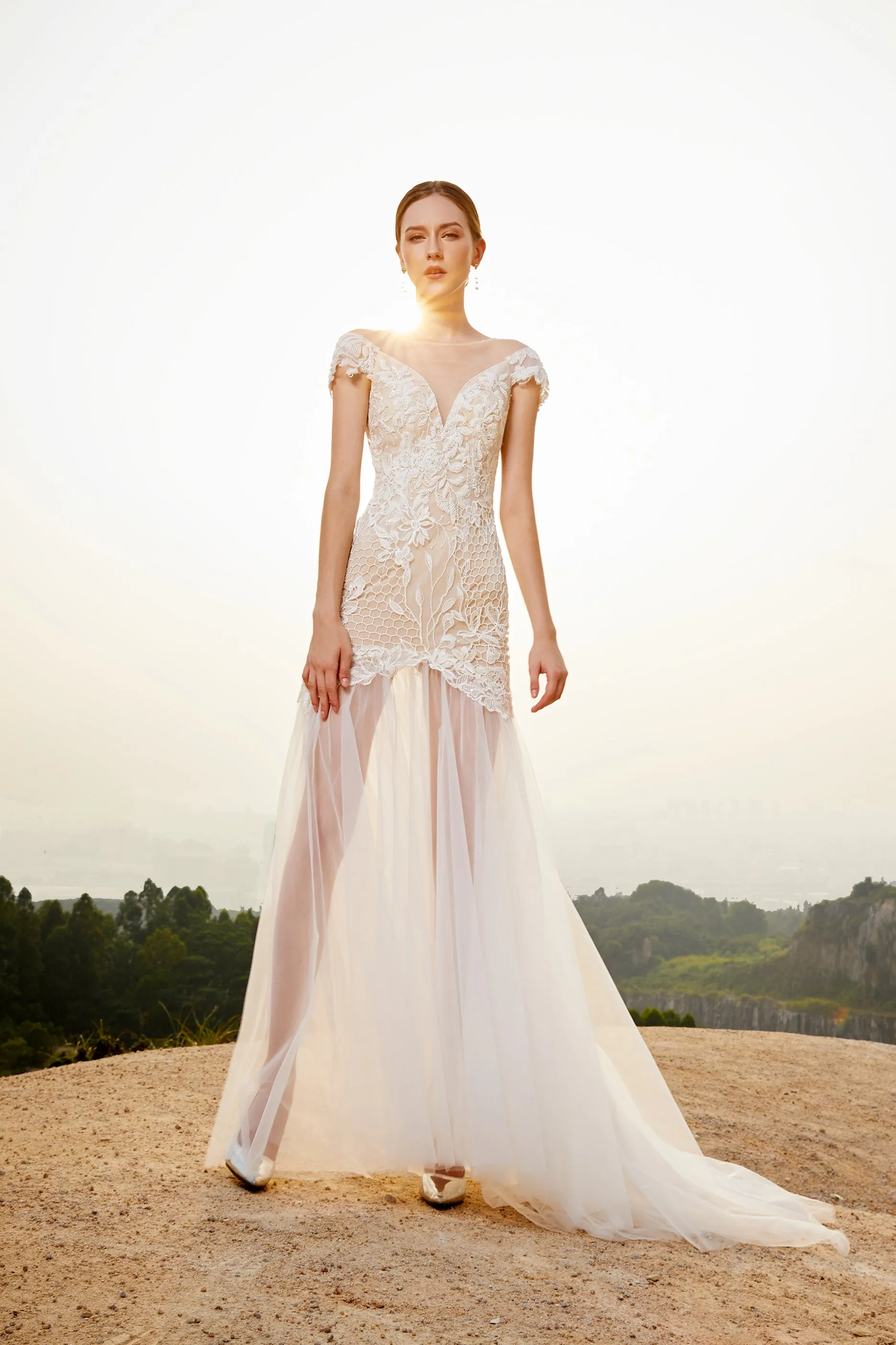 Estela - Selena Huan off-the-shoulder crystal and pearl beaded Israel lace illusive back light mermaid gown