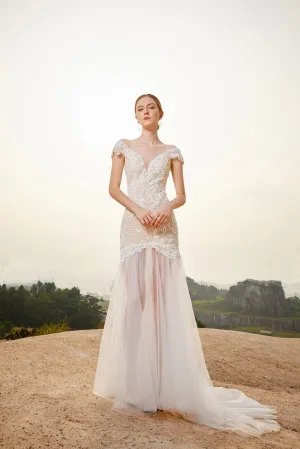 Estela - Selena Huan off-the-shoulder crystal and pearl beaded Israel lace illusive back light mermaid gown