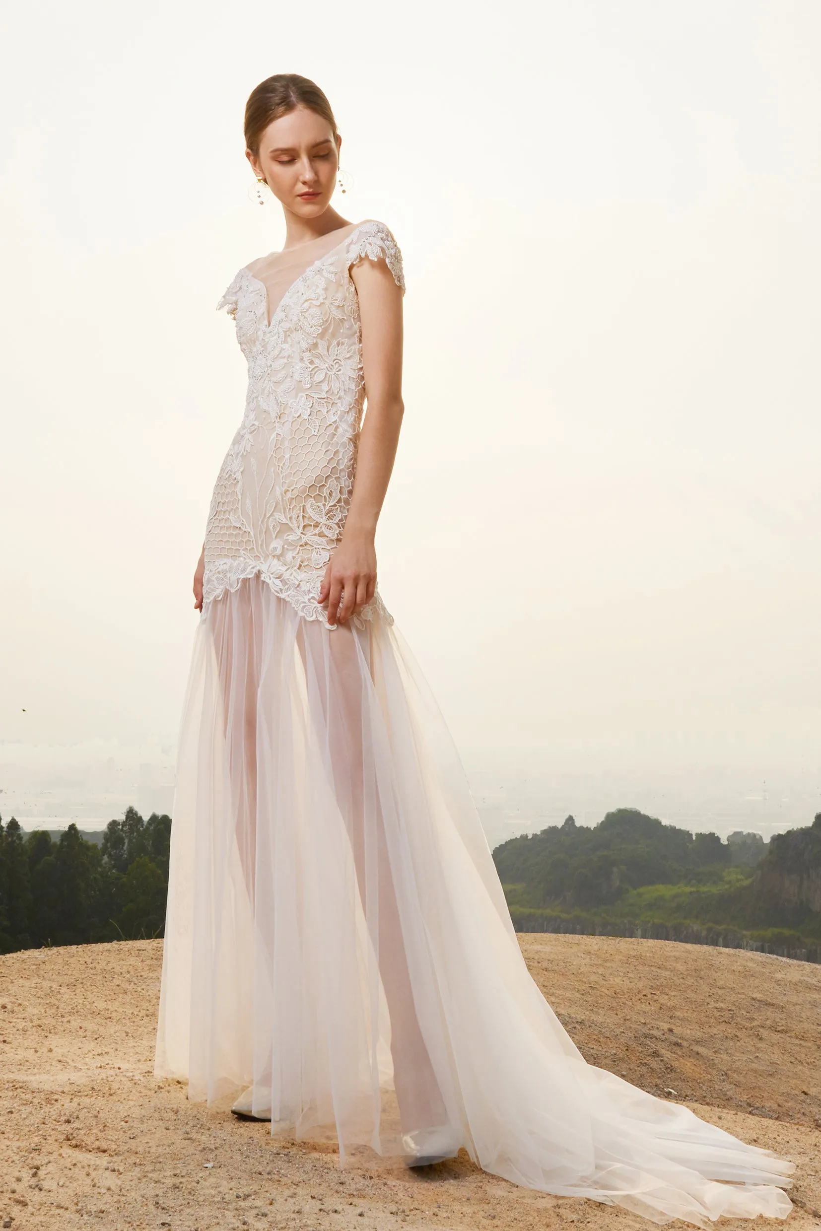 Estela - Selena Huan off-the-shoulder crystal and pearl beaded Israel lace illusive back light mermaid gown