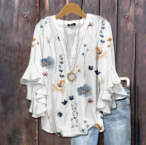 Eternal Blossom - Floral Ruffle Sleeve Blouse