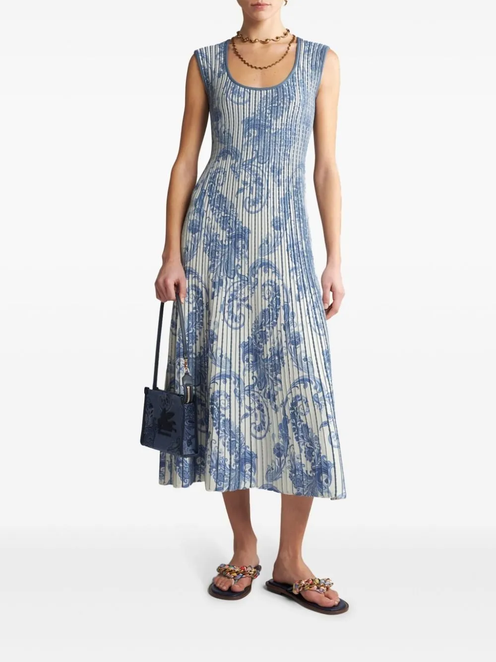 Etro Paisley Print Midi Dress in Azzurro/Grigio