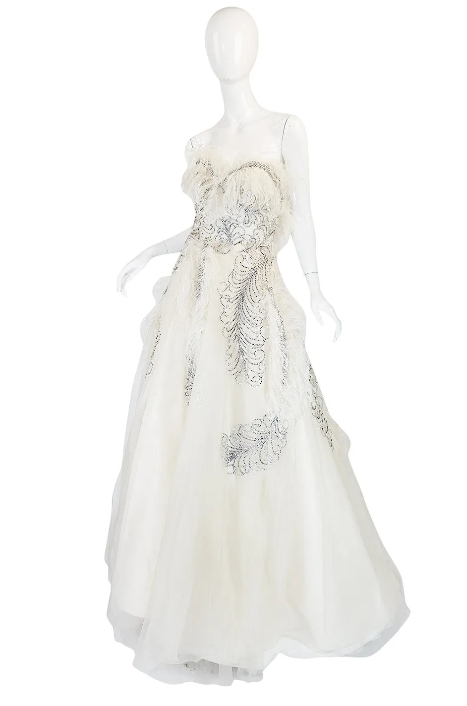 Extraordinary 1960s Feather & Rhinestone Strapless Gown