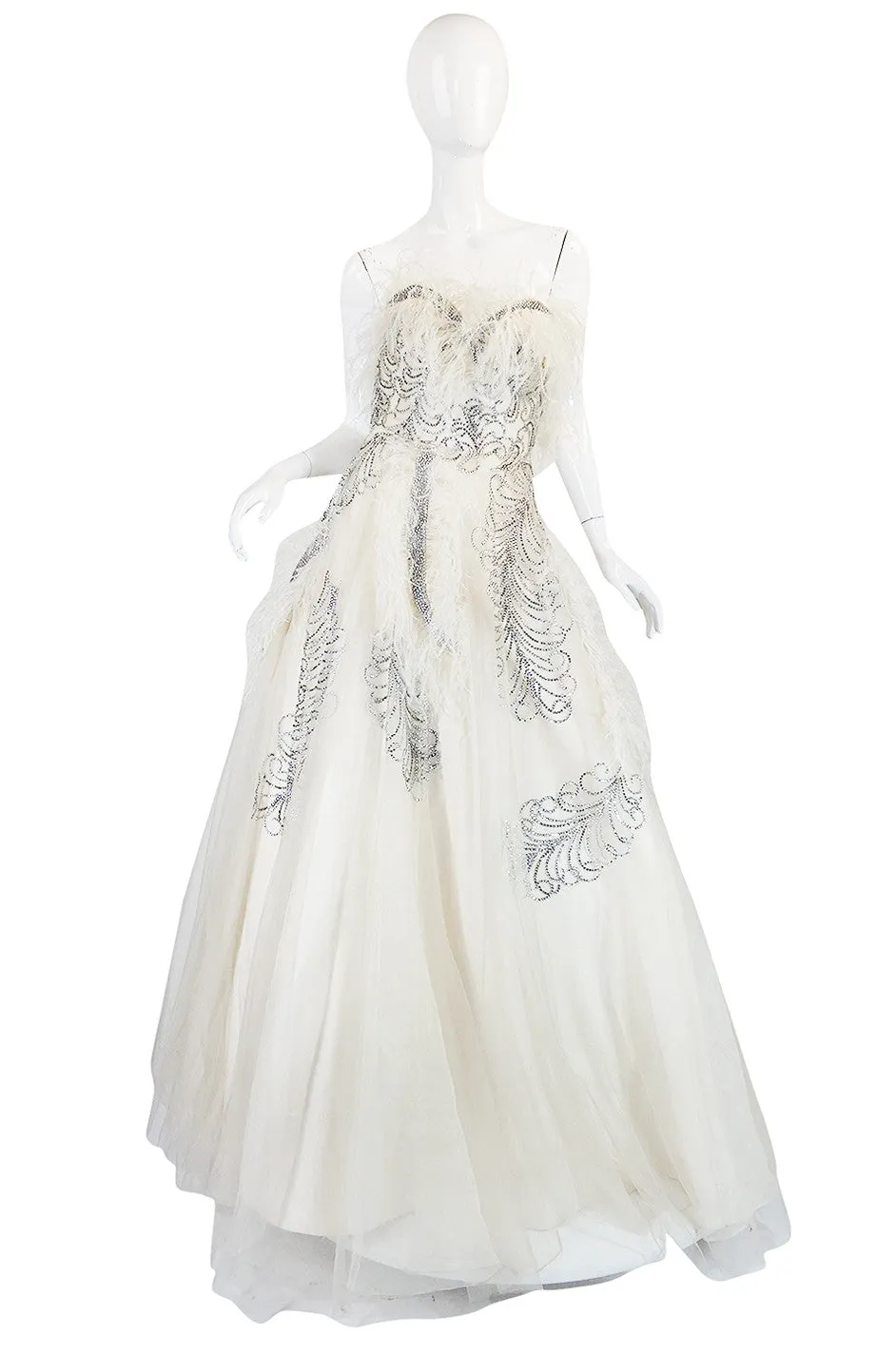 Extraordinary 1960s Feather & Rhinestone Strapless Gown
