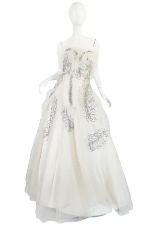Extraordinary 1960s Feather & Rhinestone Strapless Gown