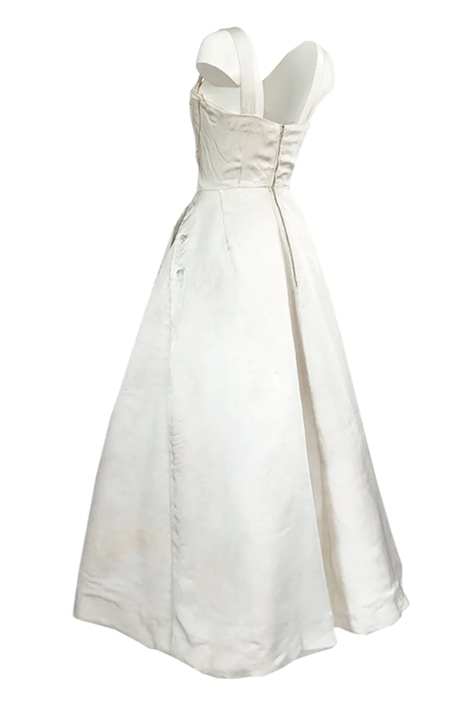 Fall 1952 Christian Dior Haute Couture Ivory Silk Button Dress w Underskirts