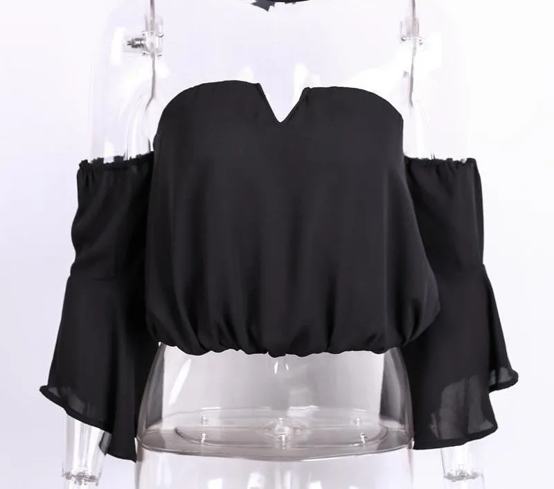 Fashion bustier chiffon white crop tops flare sleeve v neck party women tops halter backless tops