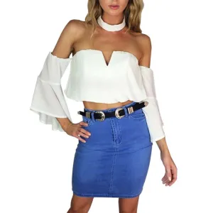 Fashion bustier chiffon white crop tops flare sleeve v neck party women tops halter backless tops