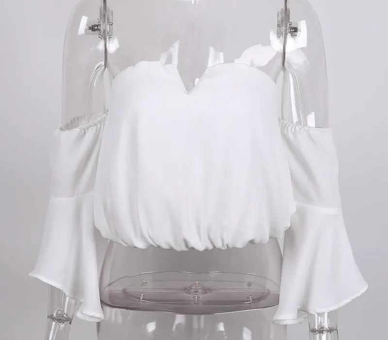 Fashion bustier chiffon white crop tops flare sleeve v neck party women tops halter backless tops