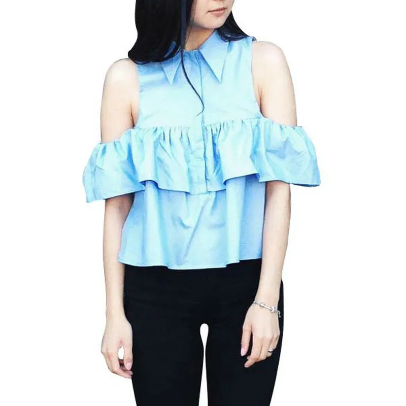 Fashion Women Ruffles Off Shoulder Turn-down Collar crop Short Blouse Shirts Summer Blue White