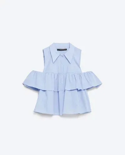 Fashion Women Ruffles Off Shoulder Turn-down Collar crop Short Blouse Shirts Summer Blue White