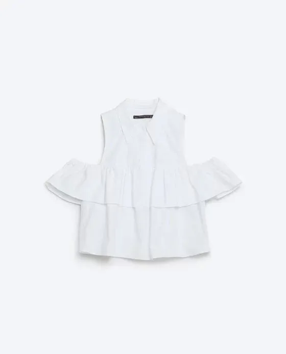 Fashion Women Ruffles Off Shoulder Turn-down Collar crop Short Blouse Shirts Summer Blue White