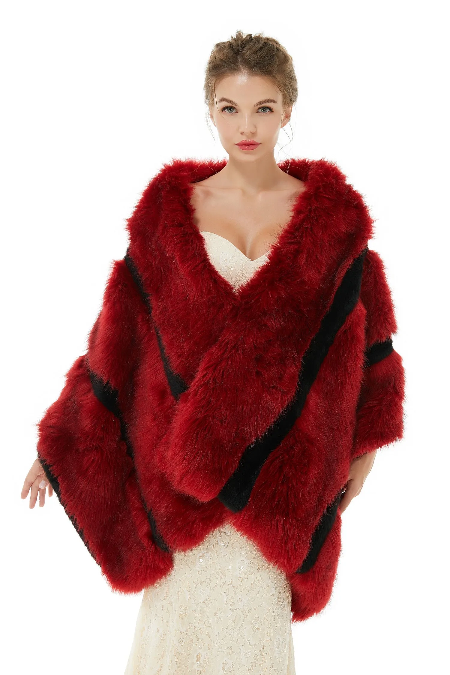 Faux Fur Burgundy Wedding Shawl Fluffy Bridal Wrap Shrug