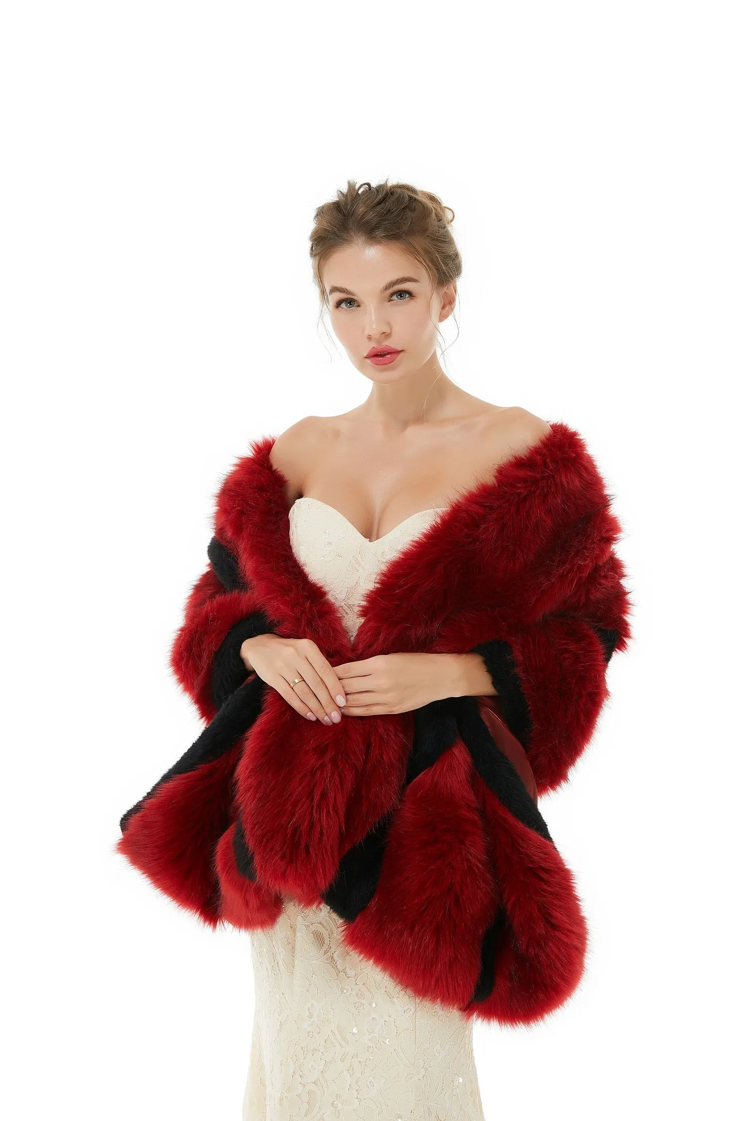 Faux Fur Burgundy Wedding Shawl Fluffy Bridal Wrap Shrug