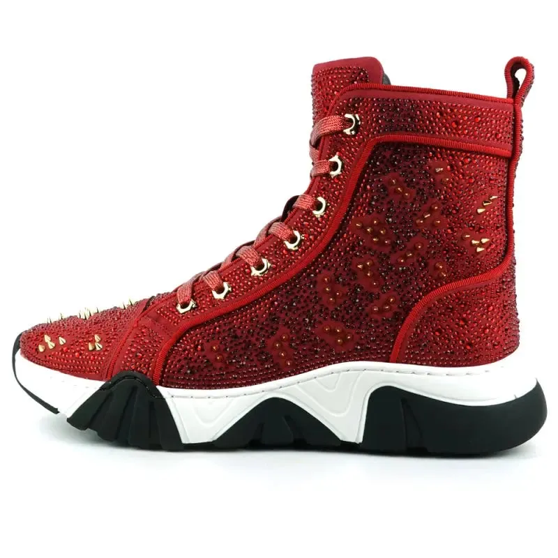 Fiesso FI-2412 Red Suede Rhinestones Spikes Encore Sneakers