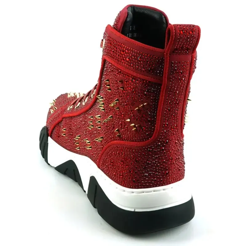 Fiesso FI-2412 Red Suede Rhinestones Spikes Encore Sneakers