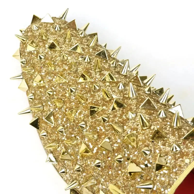 Fiesso FI-7517 Gold Glitter Gold Spikes Slip on Loafers