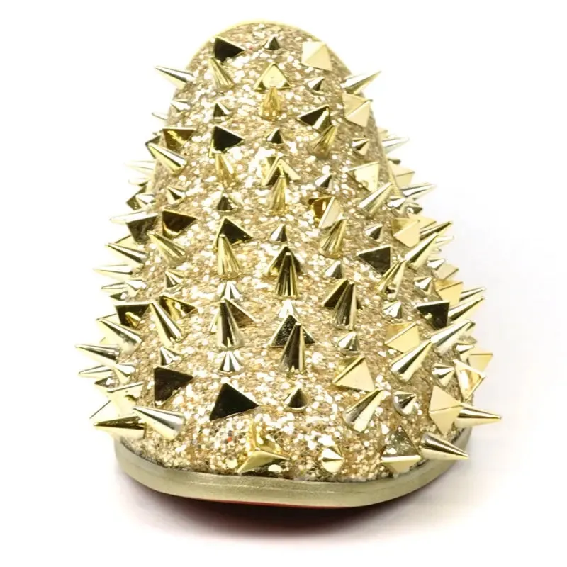 Fiesso FI-7517 Gold Glitter Gold Spikes Slip on Loafers