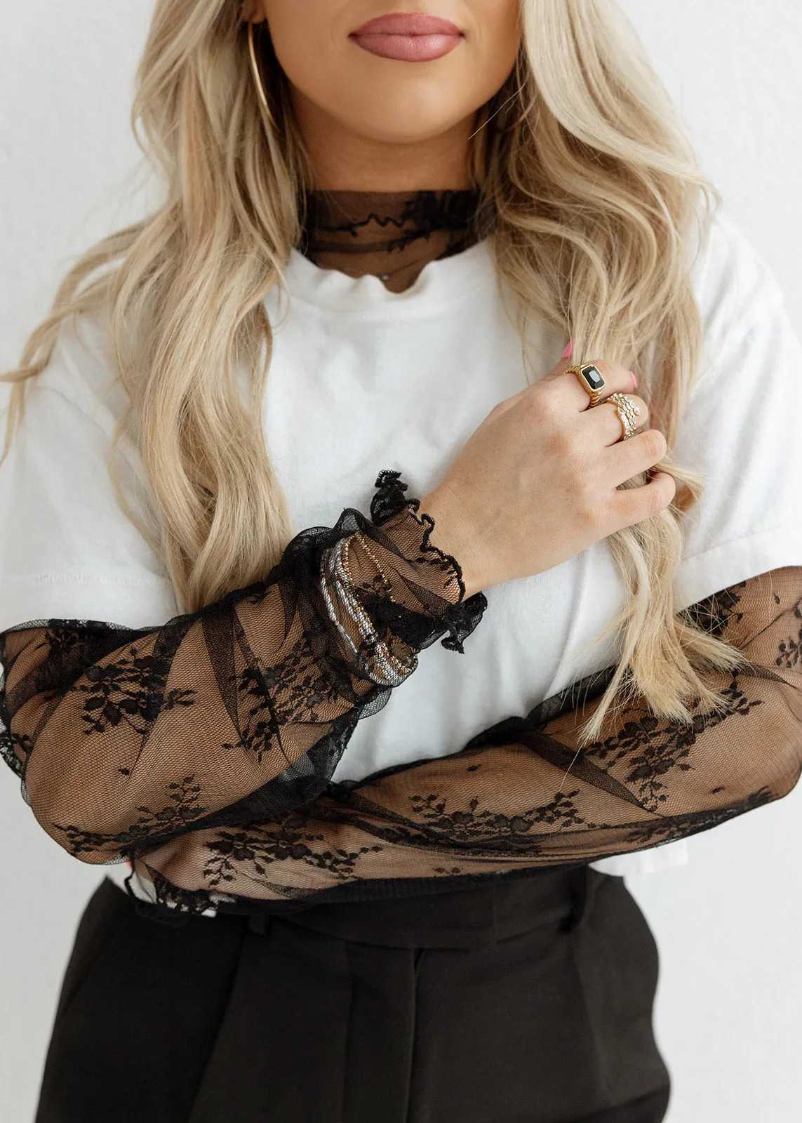 Floral Embroidered Mesh Top - Black