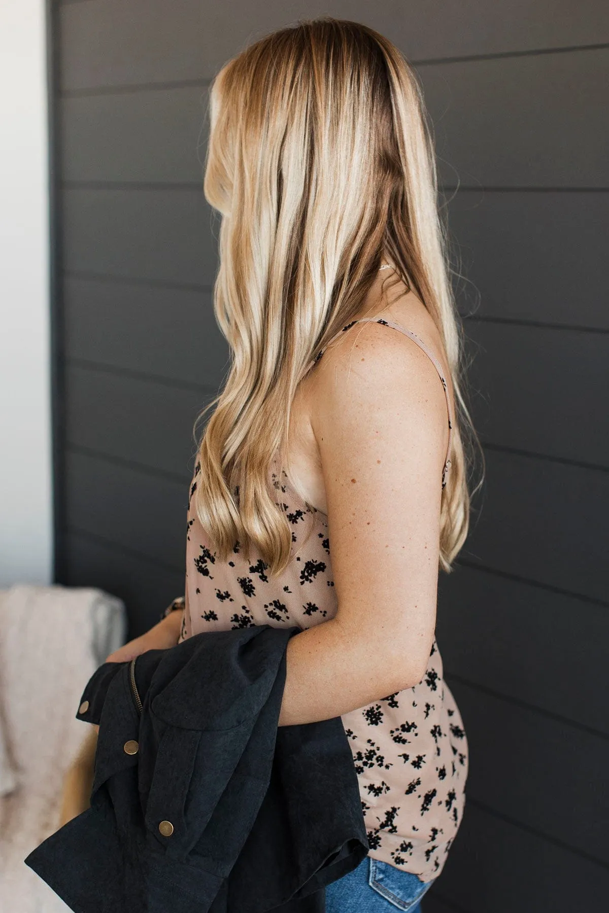 From The Start Floral Tank Top- Tan & Black