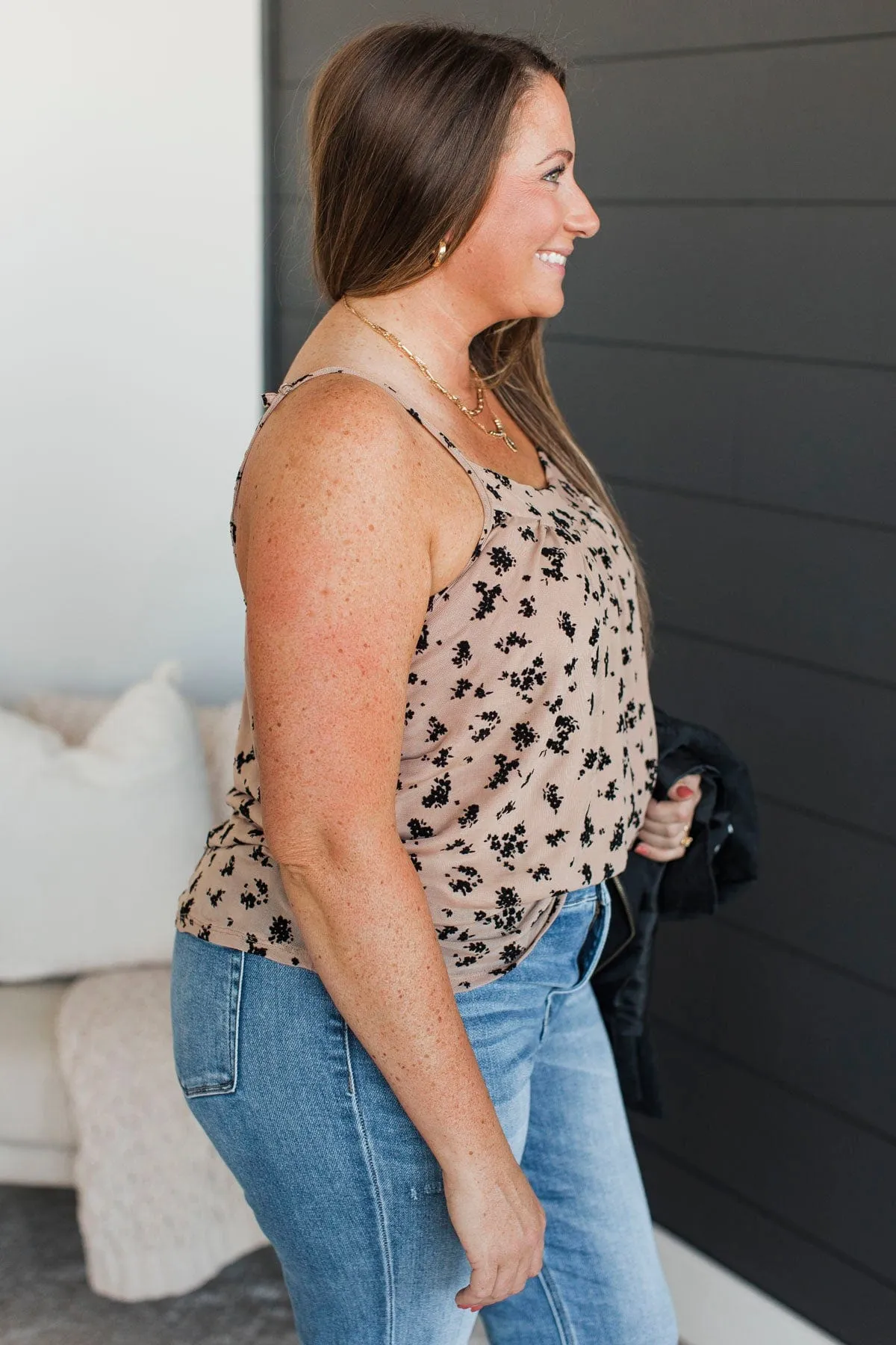 From The Start Floral Tank Top- Tan & Black