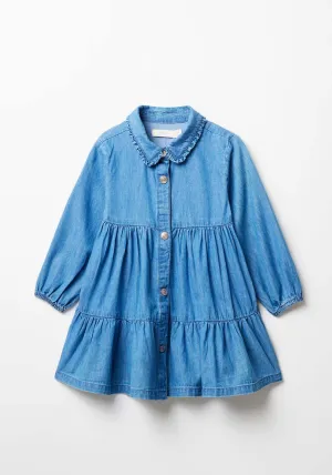 Girl Denim Tired Dress With Collar - Blue