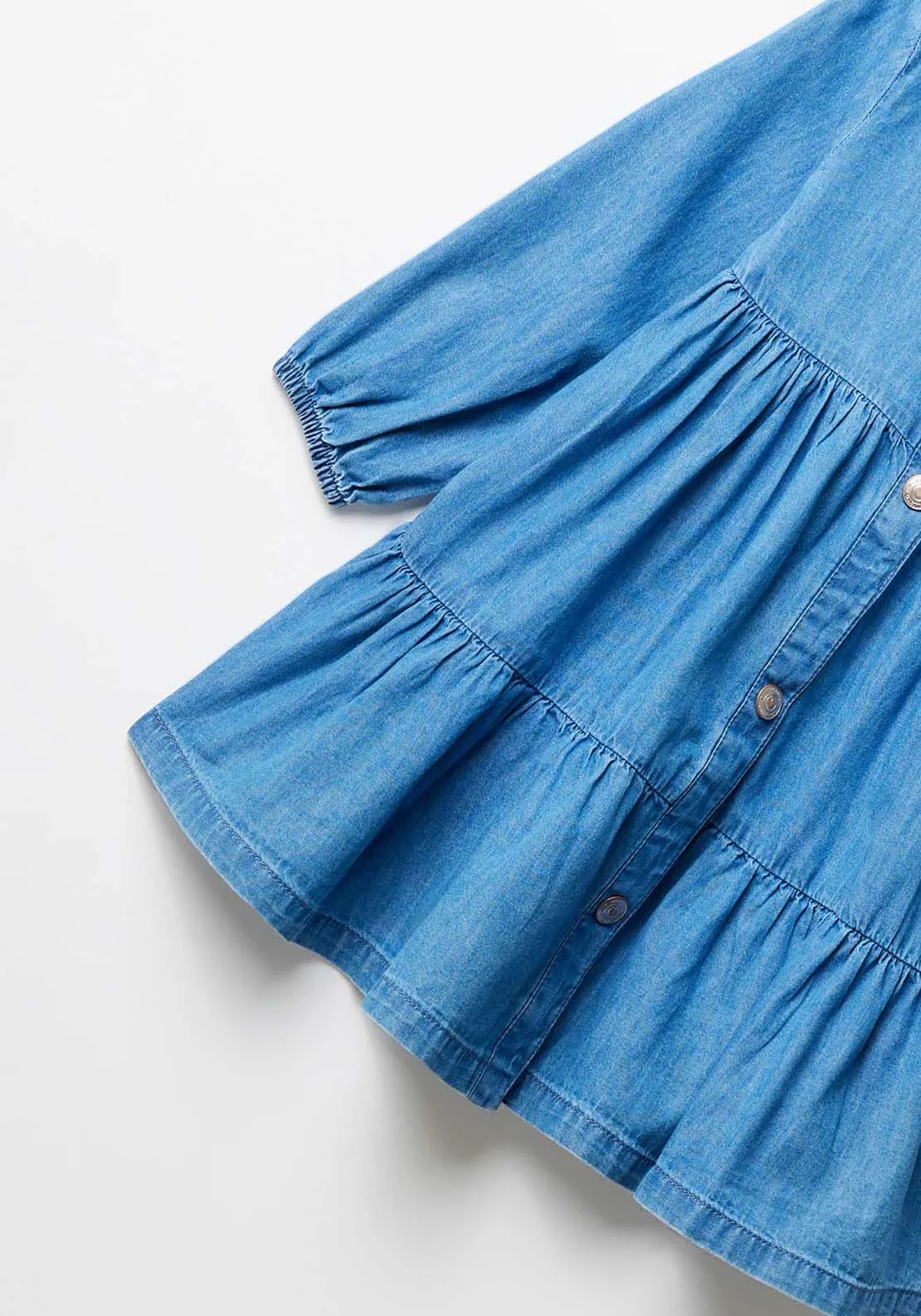 Girl Denim Tired Dress With Collar - Blue