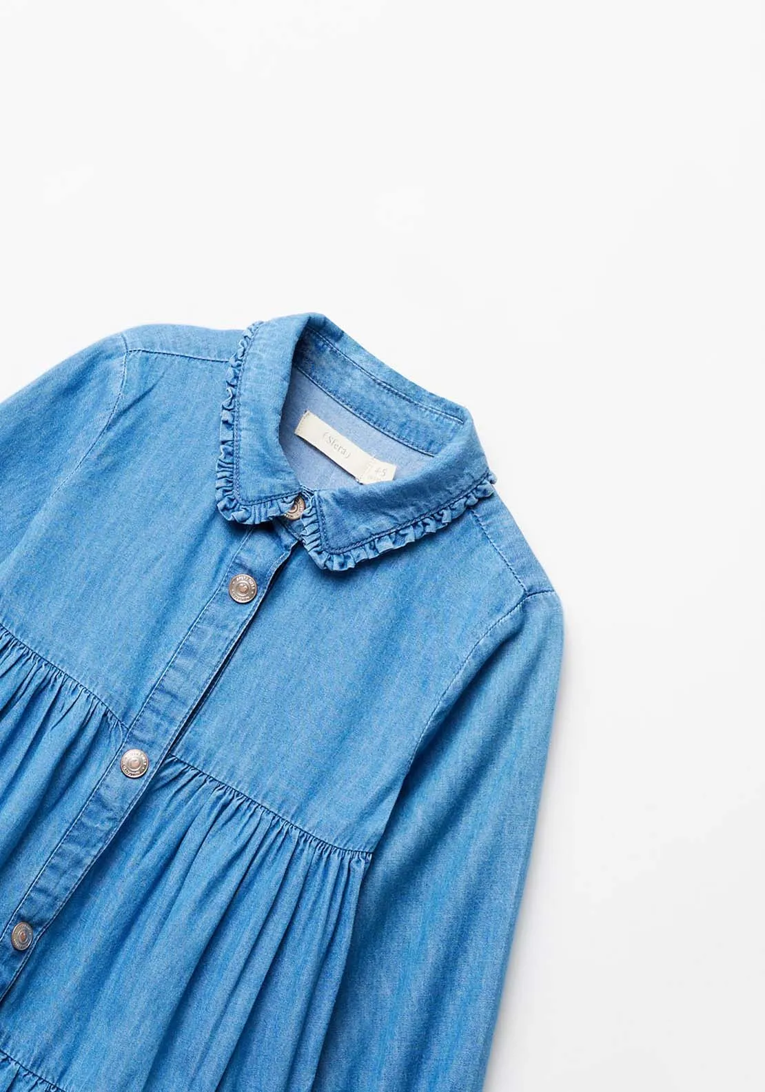Girl Denim Tired Dress With Collar - Blue