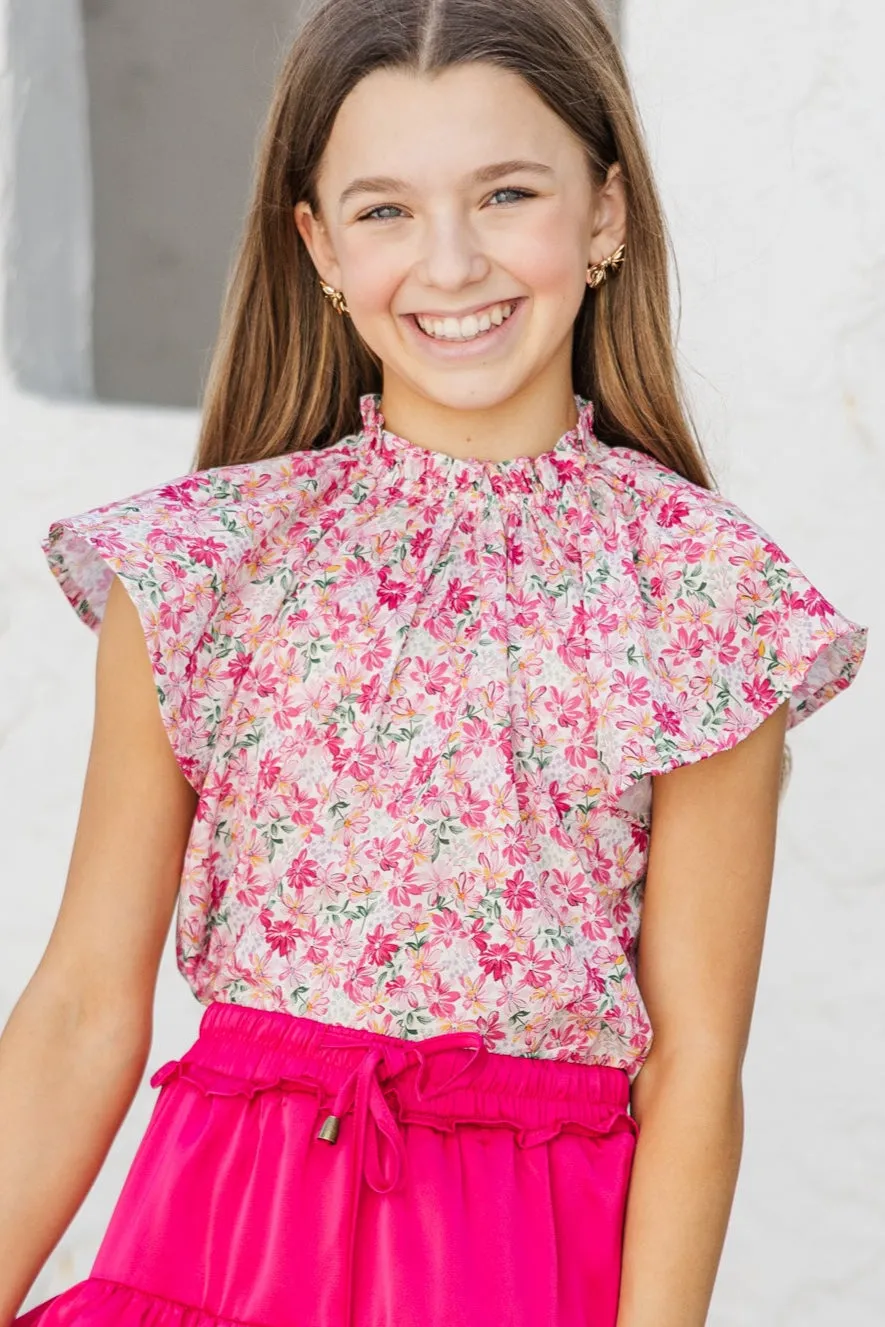 Girls: As It Happens Pink Ditsy Floral Flutter Blouse