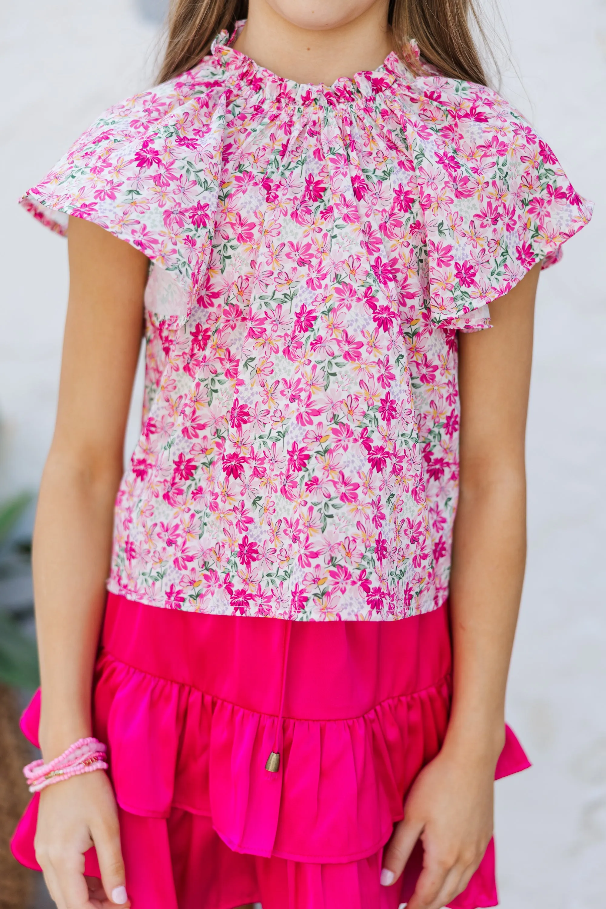 Girls: As It Happens Pink Ditsy Floral Flutter Blouse