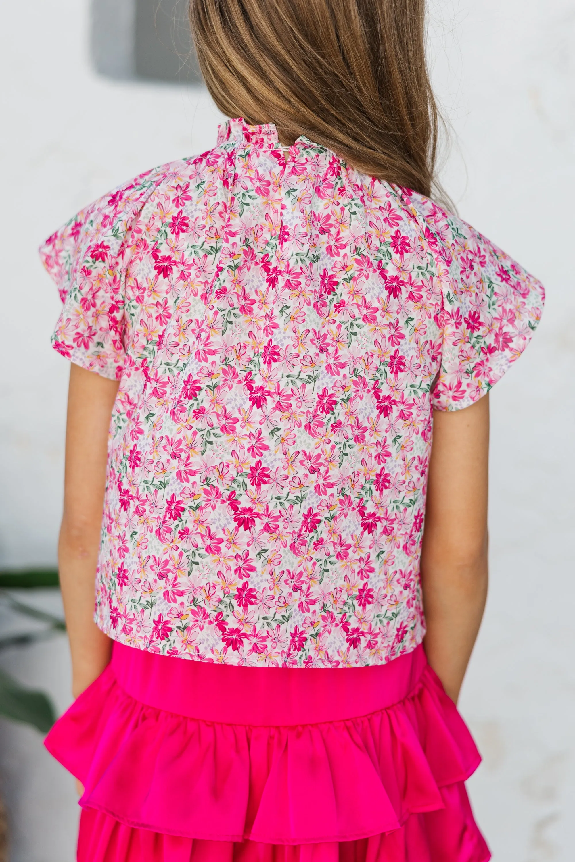 Girls: As It Happens Pink Ditsy Floral Flutter Blouse