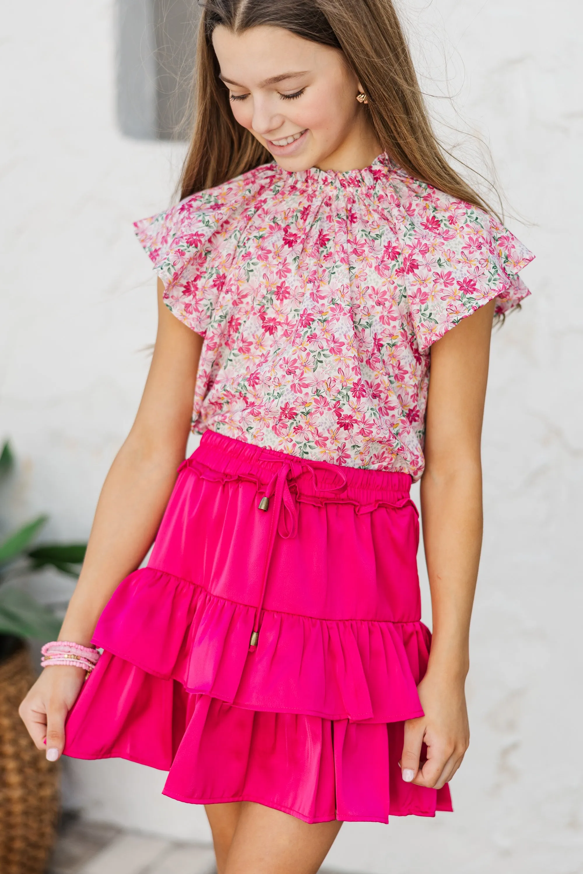 Girls: As It Happens Pink Ditsy Floral Flutter Blouse